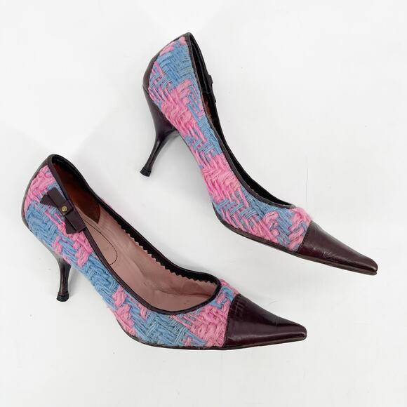 Vintage Miu Miu Pink Blue Woven Brown Leather Bow Detail Pointed Toe Heels IT 38 - Picture 3 of 11